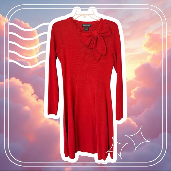 Jessica Howard Red Sweater Knit Dress, Bow Design, Long Sleeve Flair Skirt, Sz M - Picture 2 of 12